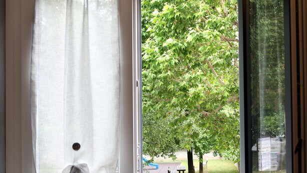 A window with a view of a tree and a park area. - B&B SanRock (Cuneo)