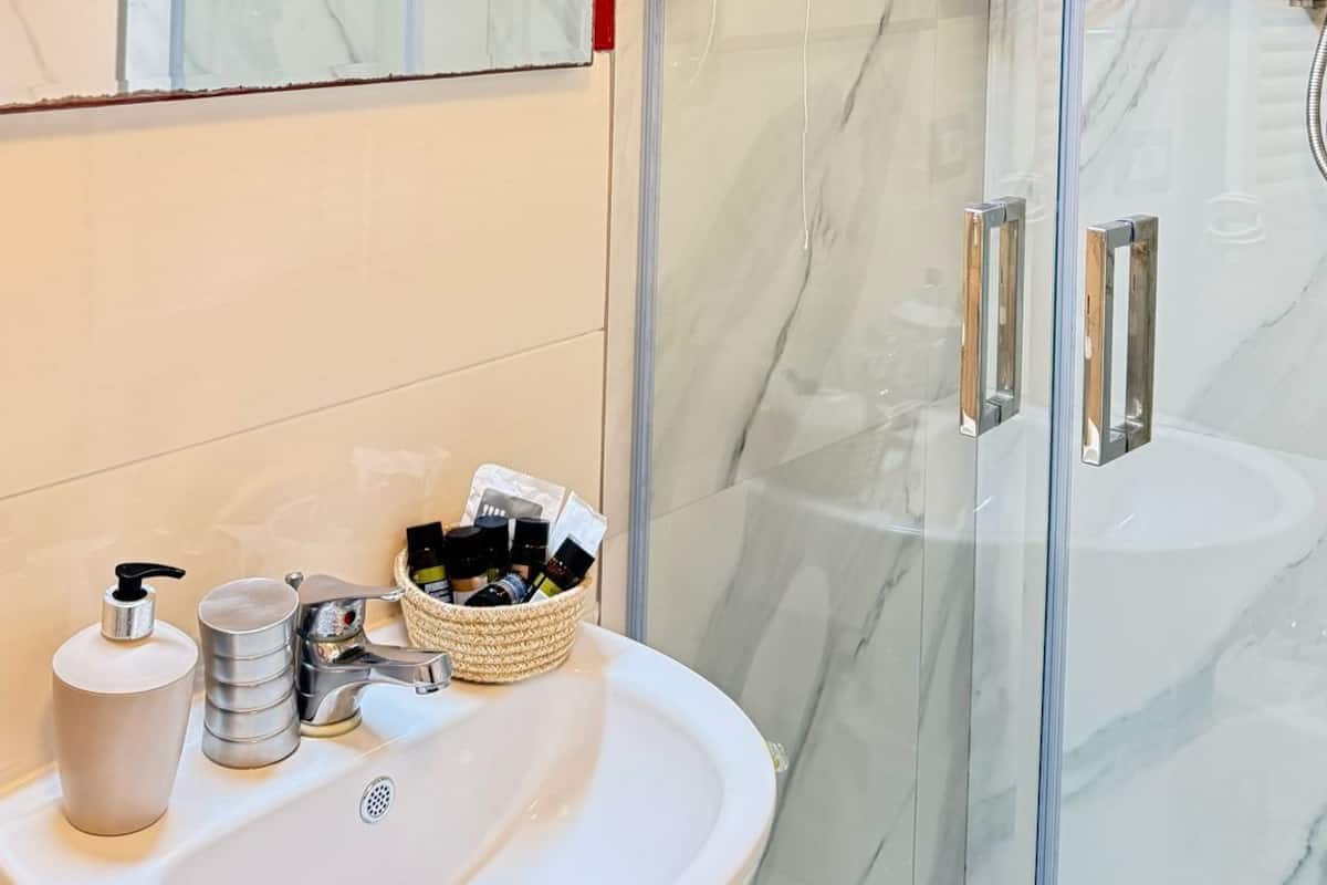 Shower, free toiletries, hair dryer, towels