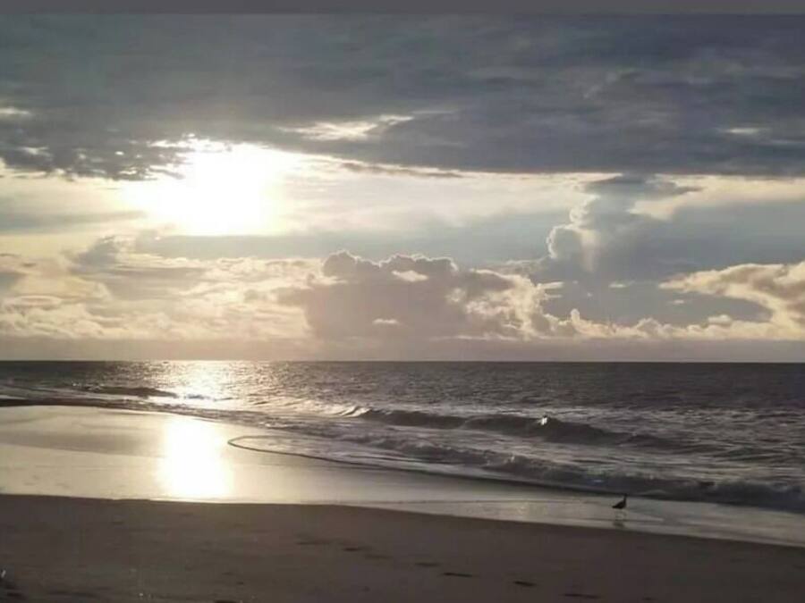 Una playa con una orilla curva y olas.