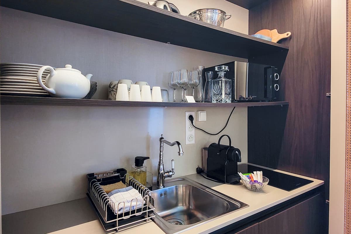 mini-fridge, microwave, espresso maker, coffee/tea maker