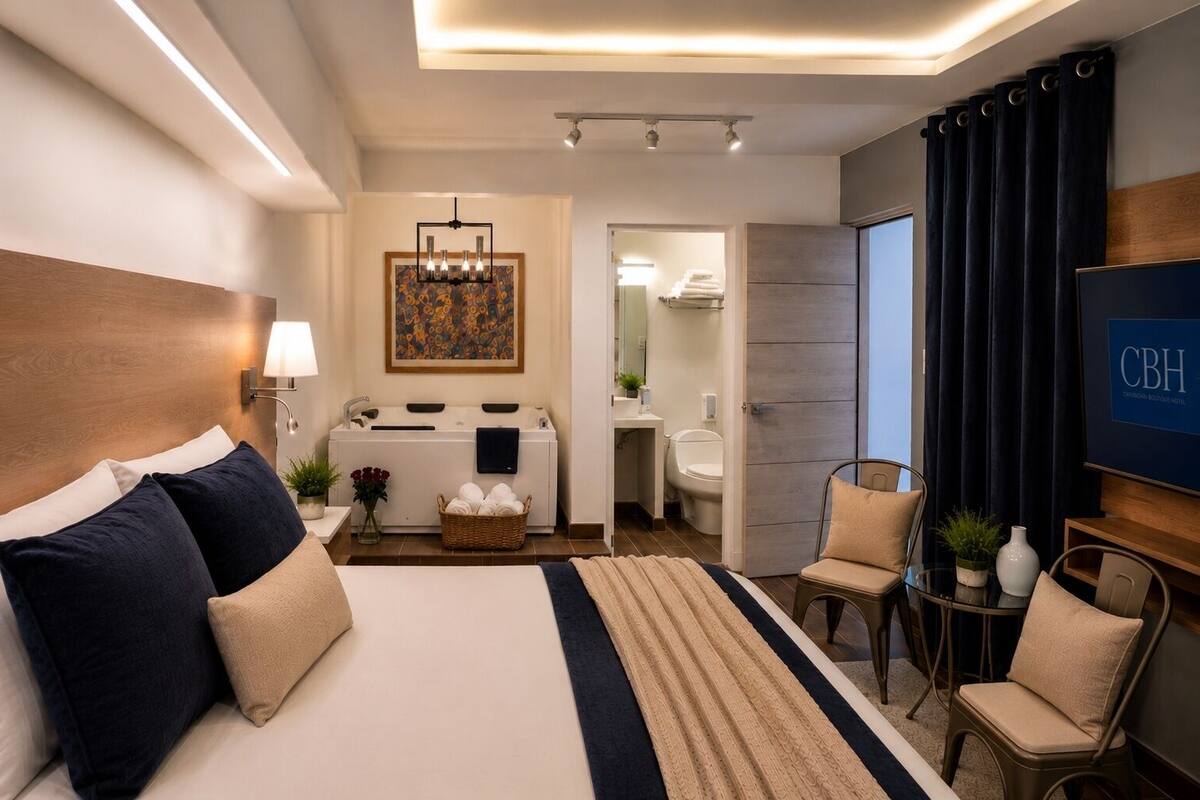 A hotel room with a bed, a desk, a chair, a TV, and a bathroom visible through an open door.