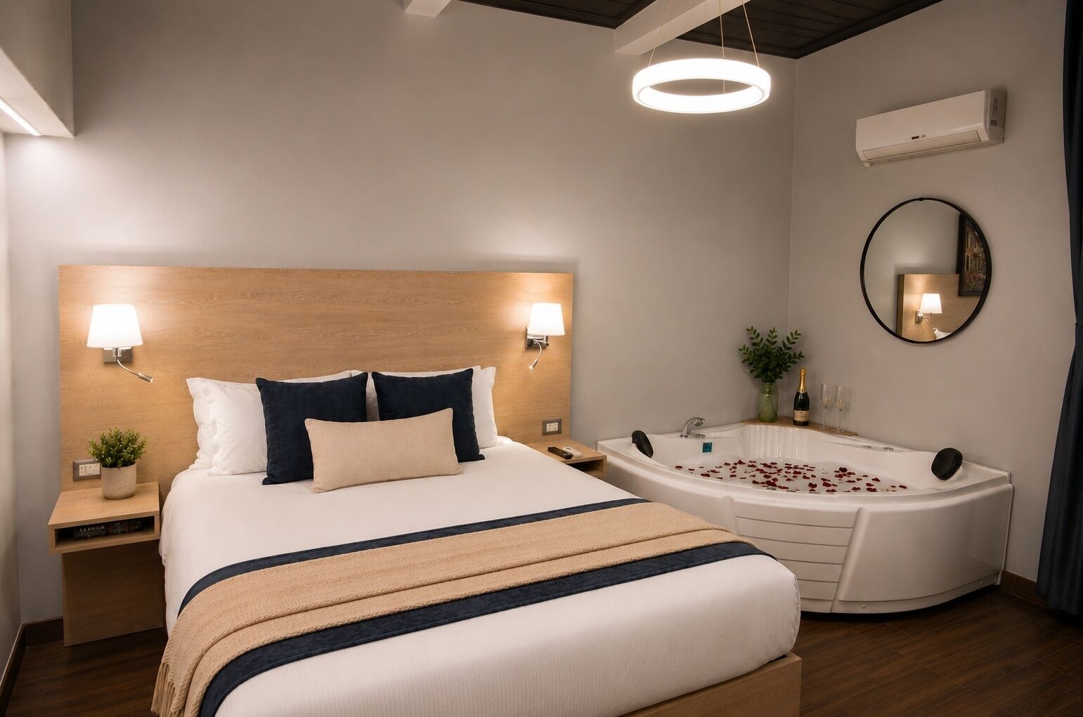 Ein modernes Hotelzimmer mit einem großen Bett, einer separaten Badewanne, einem runden Spiegel und einer Wand-Klimaanlage.