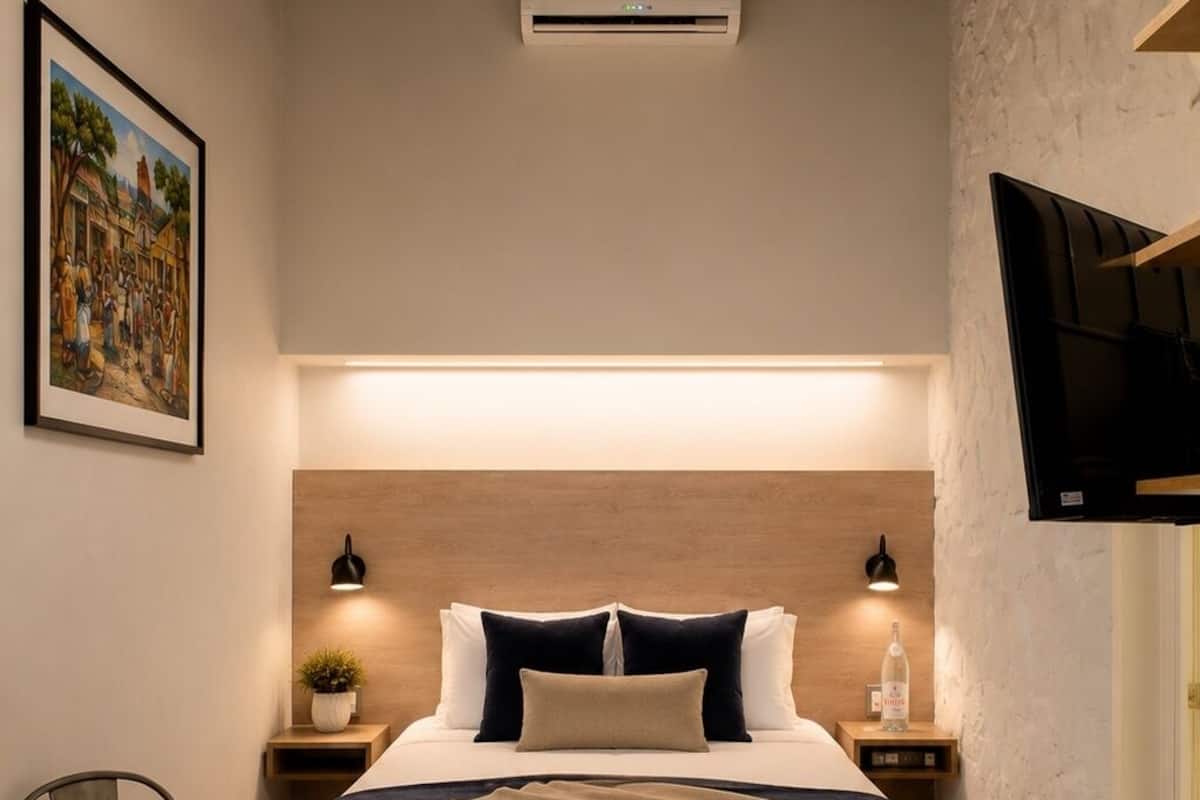 A modern bedroom with a bed, bedside tables, a TV, and a painting on the wall.