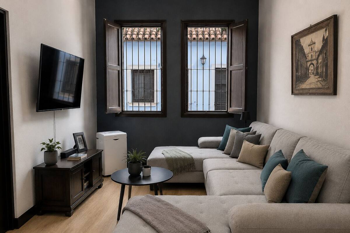 A living room with a sofa, a television, a small table with a plant, and two windows with barred glass.