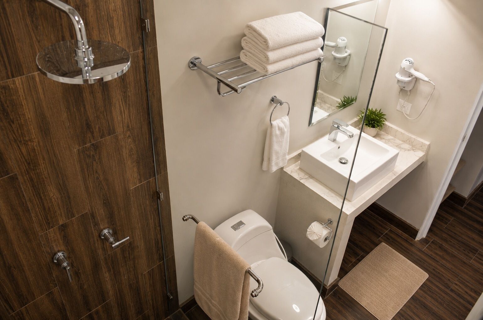 A modern bathroom with a wooden door, a glass shower enclosure, a white sink, a toilet, and a towel rack.