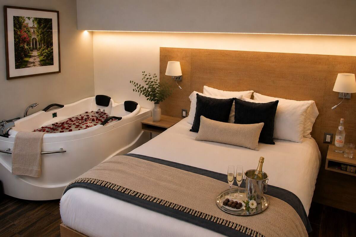 A hotel room with a large bed, a separate bathtub with rose petals, a bedside table with a bottle of water, and a tray with champagne glasses and chocolates.