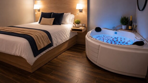 Een slaapkamer met een groot bed, een nachtkastje, een wandlamp en een bubbelbad met rozenblaadjes.