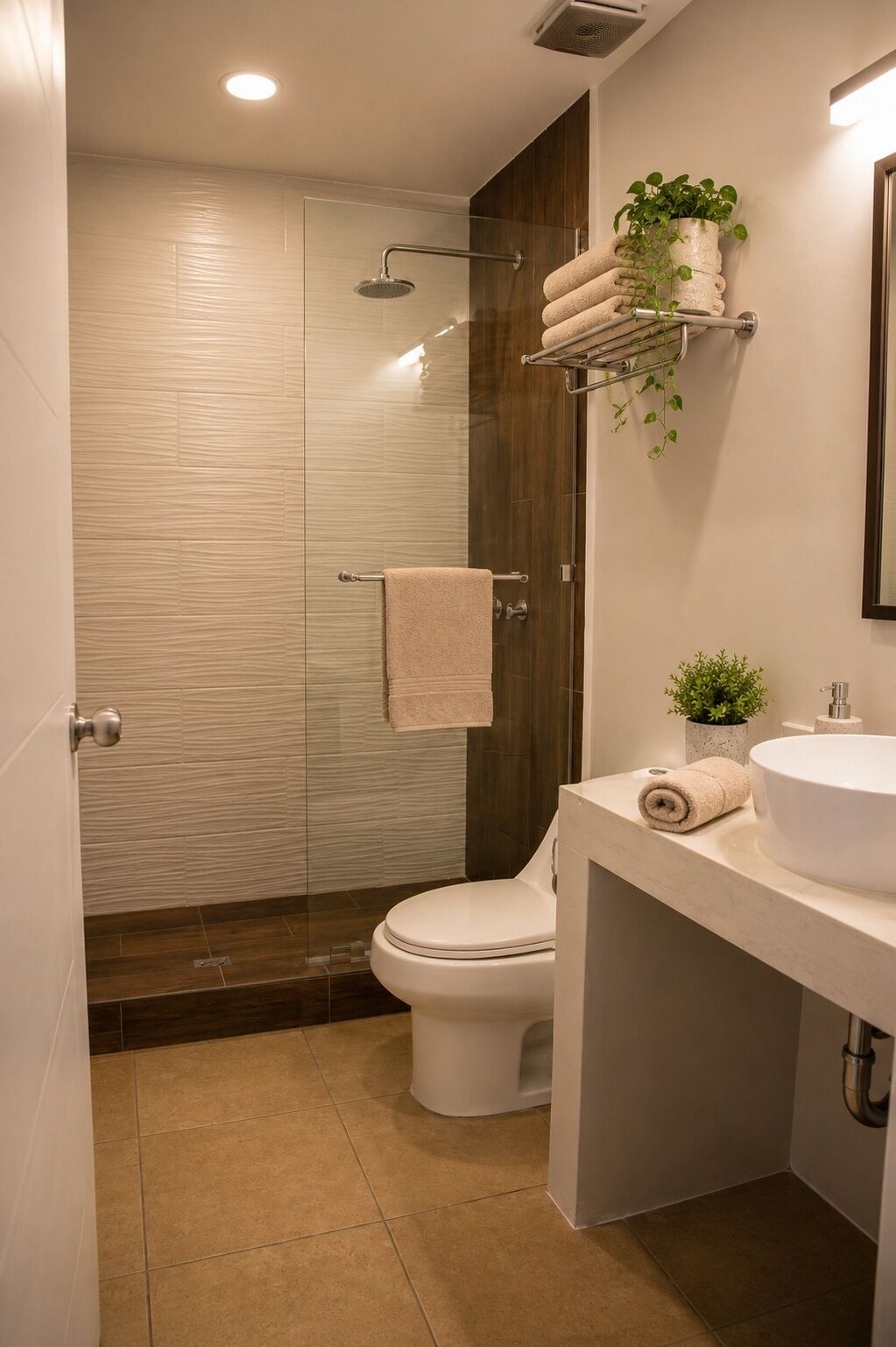 A modern bathroom with a glass shower enclosure, a toilet, a sink, and a plant on a shelf.