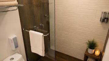 Un baño moderno con ducha de vidrio, inodoro, toallero y una pequeña estantería con una planta y una vela.