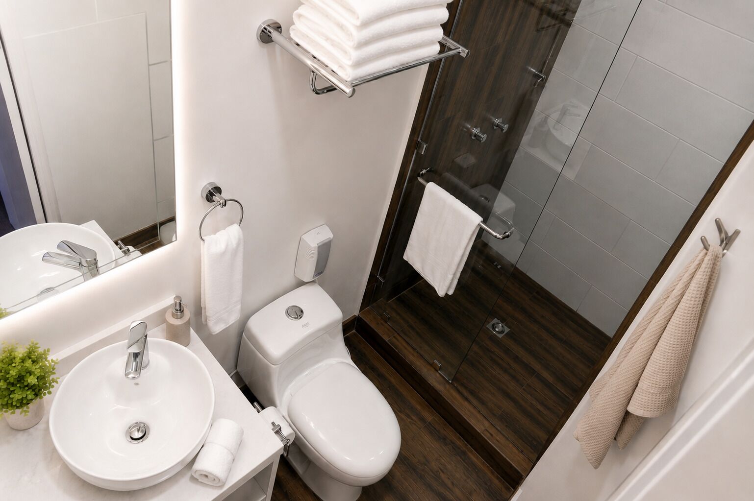 A modern bathroom with a sink, toilet, and shower.