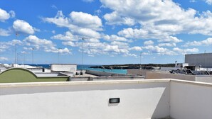 Une terrasse sur le toit offrant une vue dégagée sur la mer et une côte lointaine.