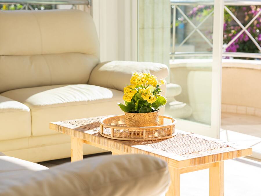 Een kamer met een beige bank, een houten bijzettafeltje met een gevlochten dienblad, en een potplant met gele bloemen.