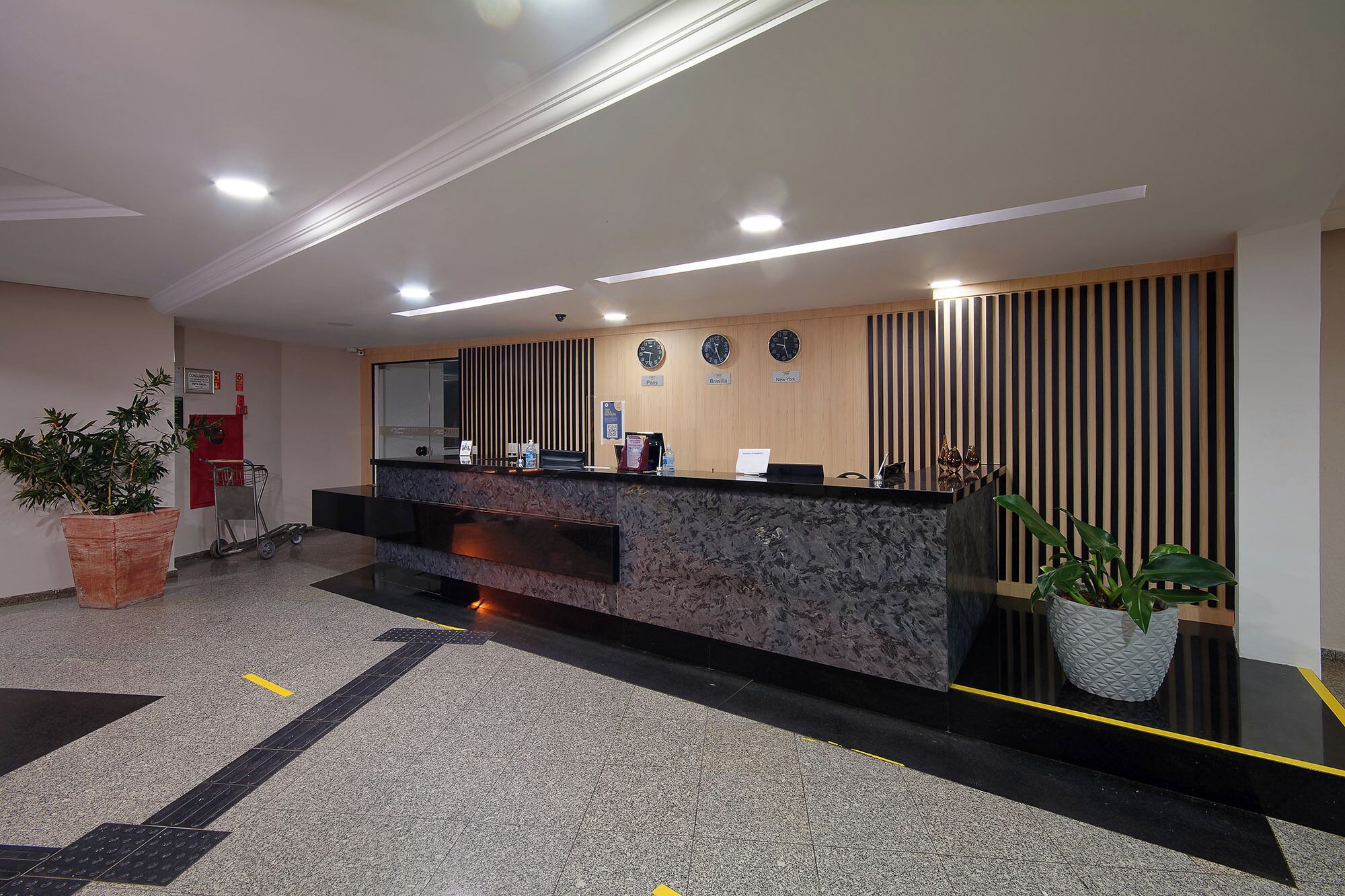 A reception area with a marble counter, a potted plant, and a wall clock.