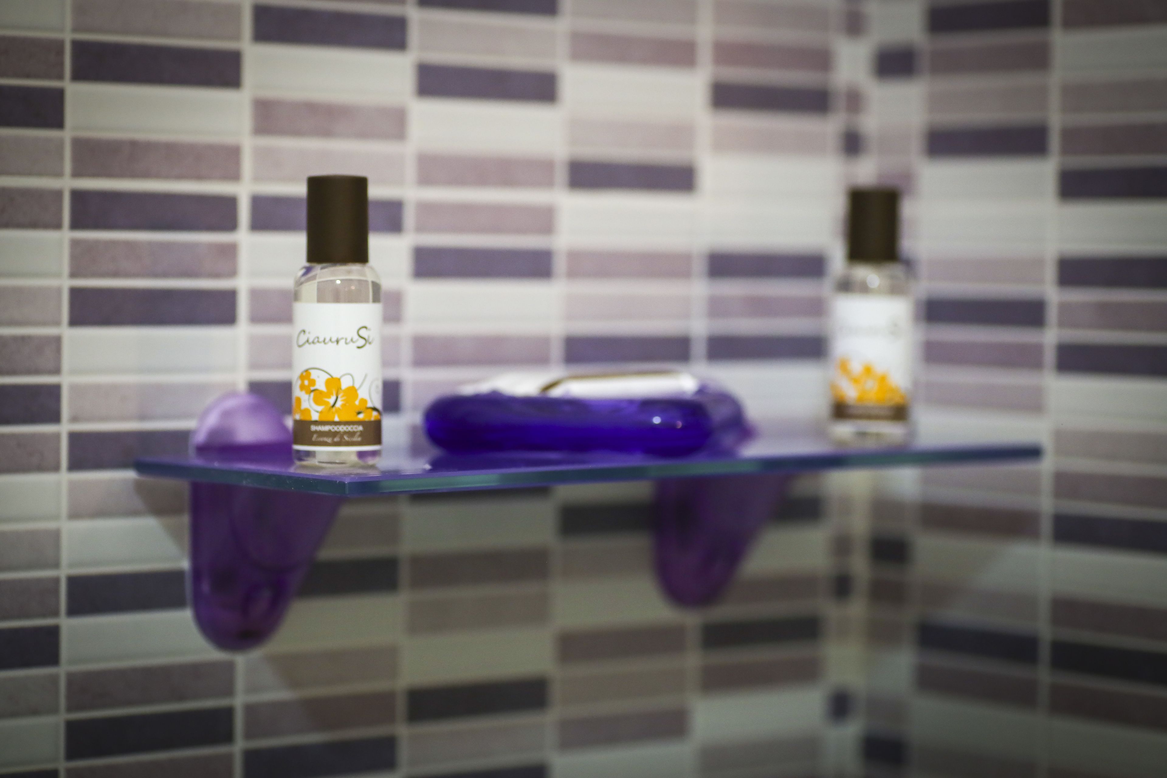 Un baño con dos botellas de champú sobre un estante de vidrio.