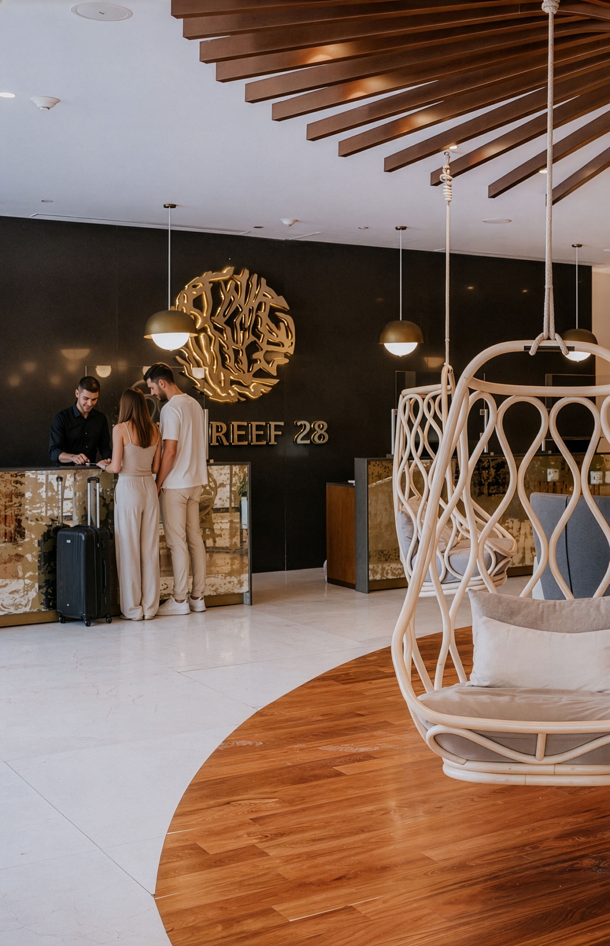 Un mostrador de recepción de diseño moderno, un sillón colgante y suelo de madera.