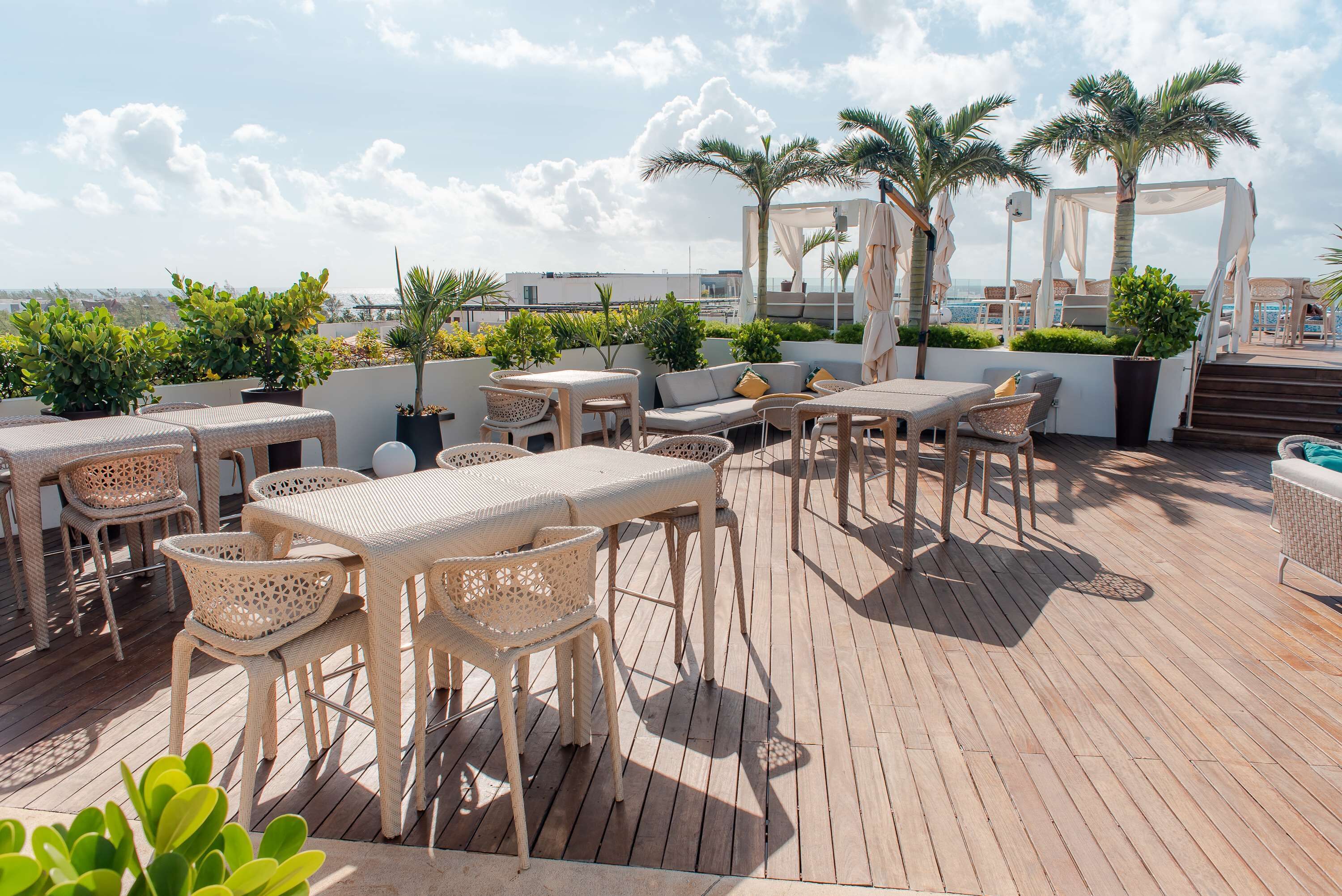 Ein Garten mit Rattanmöbeln, Palmen und Blick aufs Meer.