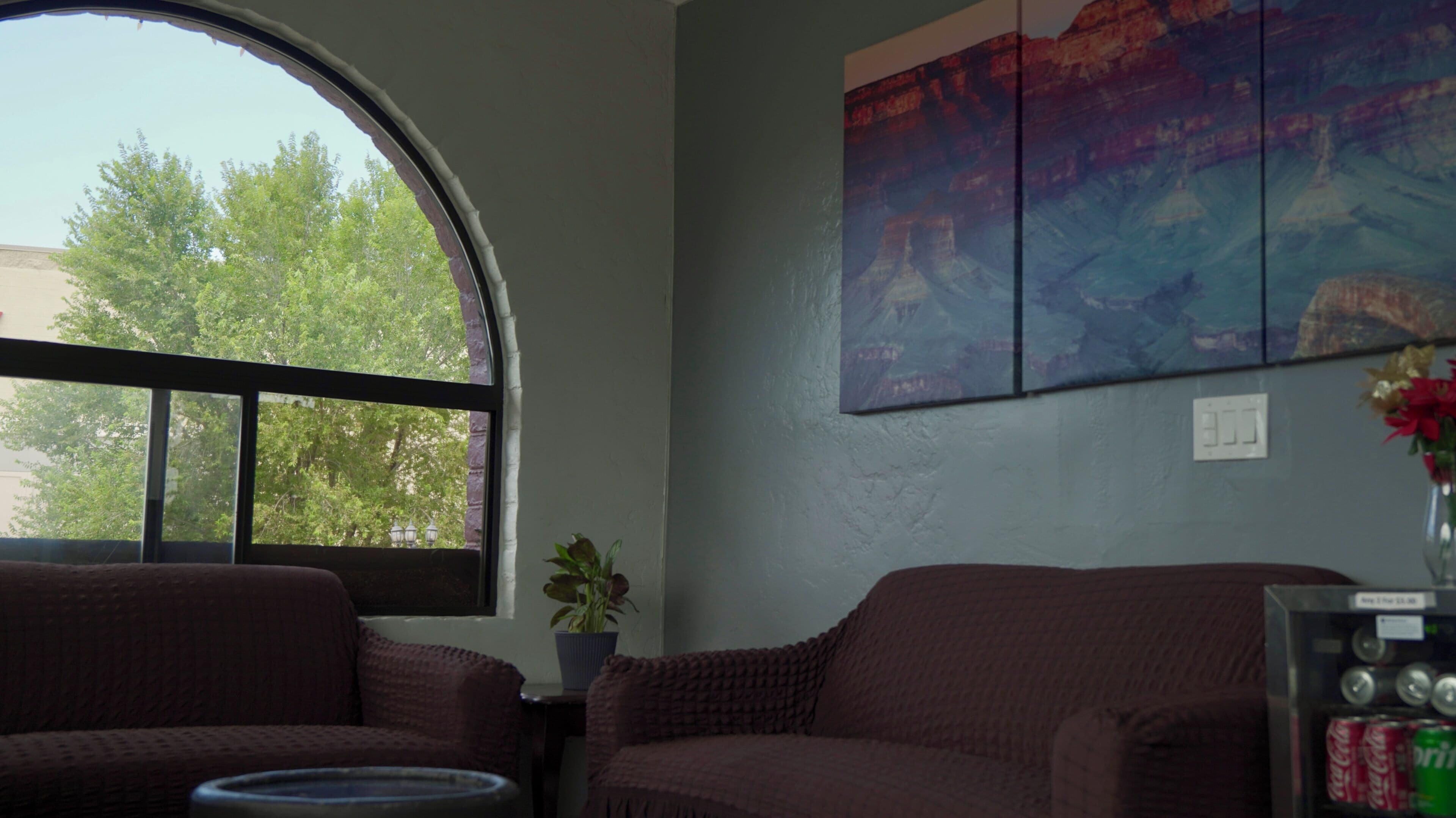Una habitació amb una finestra gran d'arc, un sofà, una taula petita amb una planta i una obra d'art penjada a la paret.