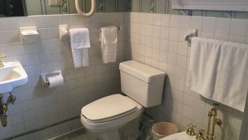 A bathroom with a toilet, sink, and shower.