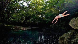 Una persona saltando a unas aguas transparentes rodeada de abundante vegetación.