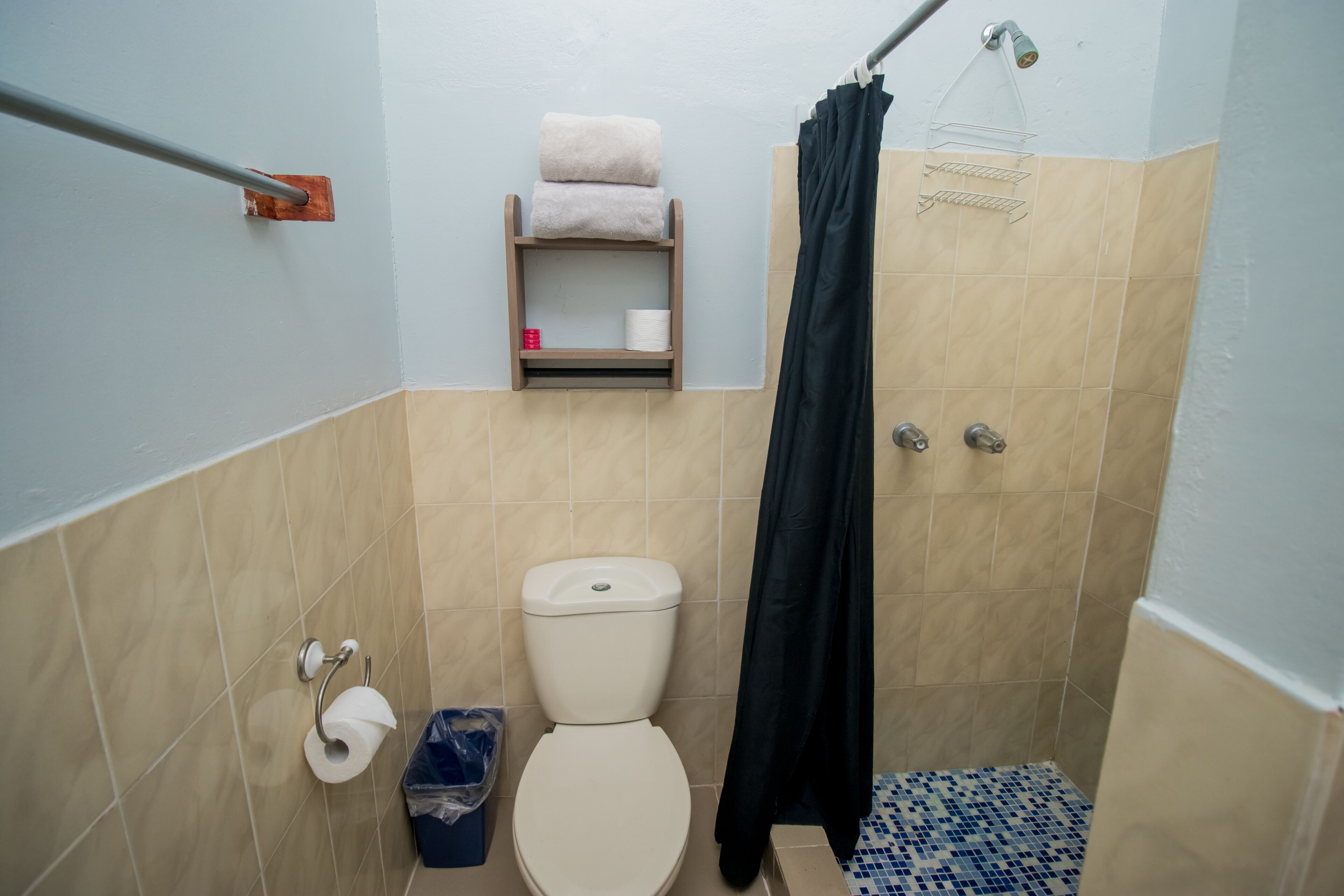 Un baño con inodoro, toallero, cortina de ducha y un pequeño estante con artículos de aseo.