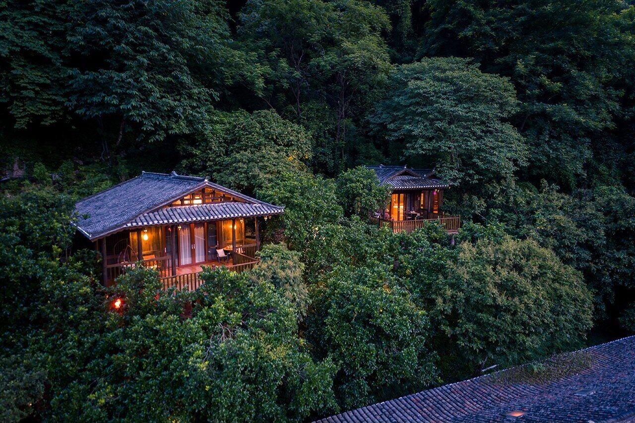 Two traditional wooden buildings nestled among dense forest.