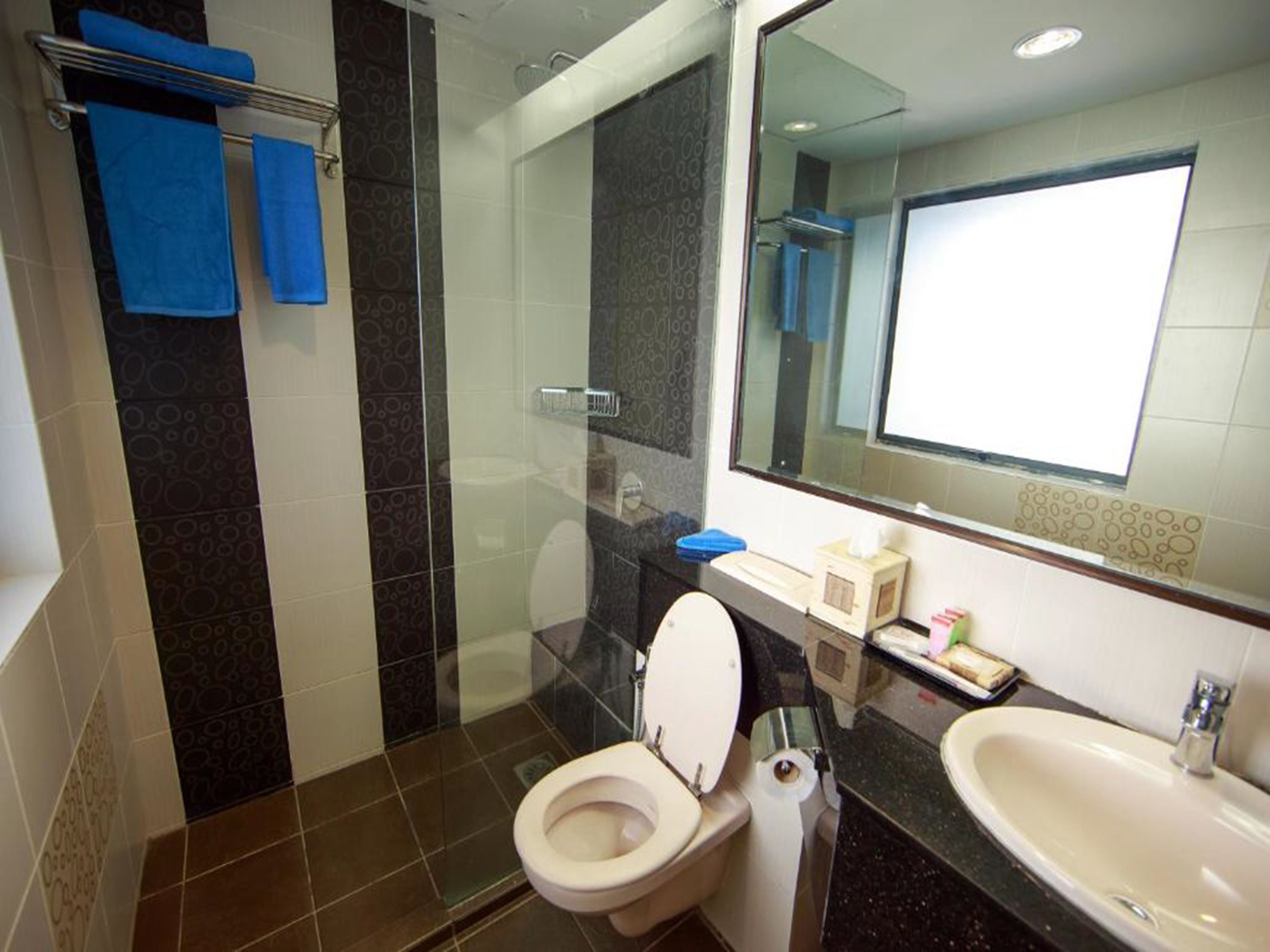 A modern bathroom with a glass-enclosed shower, a white toilet, a sink, and a mirror above the sink.