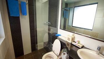 A modern bathroom with a glass-enclosed shower, a white toilet, a sink, and a mirror above the sink.