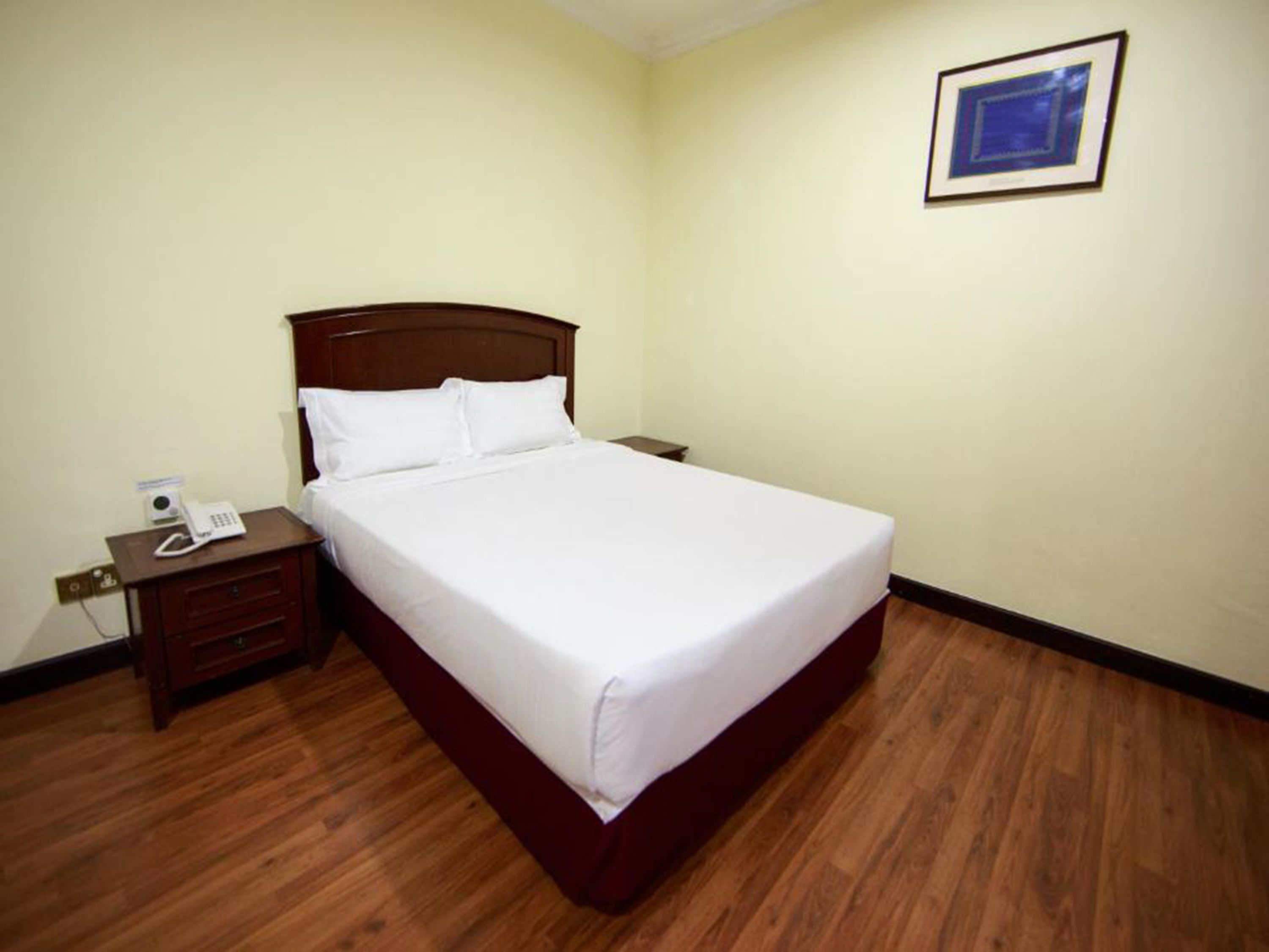A hotel room with a large bed, a bedside table with a phone, and a framed picture on the wall.