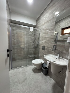 Habitación estándar doble | Baño | Ducha, secador de pelo, toallas y champú
