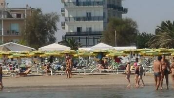 Ein Gebäude mit dem Schriftzug „ROMA“ auf dem Dach, ein Strand mit Sonnenschirmen und Personen.