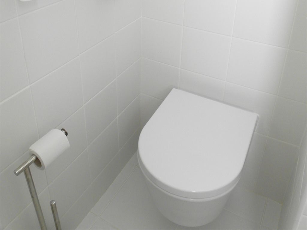 De petites toilettes blanches, avec un abattant fermé, un porte-rouleau de papier toilette et un rouleau de papier toilette en métal.