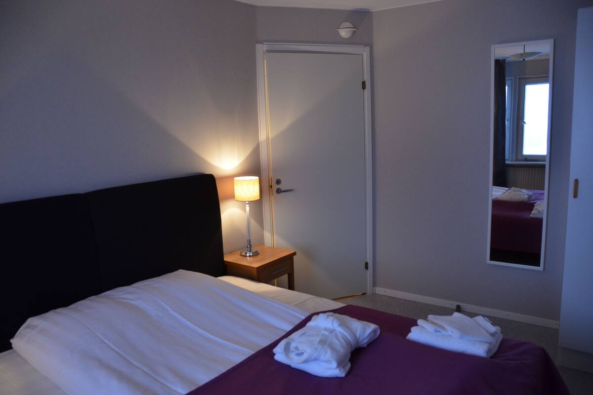 A hotel room with a bed, a nightstand with a lamp, a door, and a mirror on the wall.