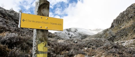 A yellow signpost with an arrow pointing left, indicating a path or direction.