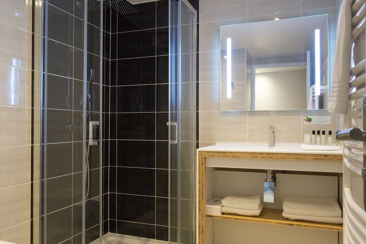 shower, free toiletries, hair dryer, towels