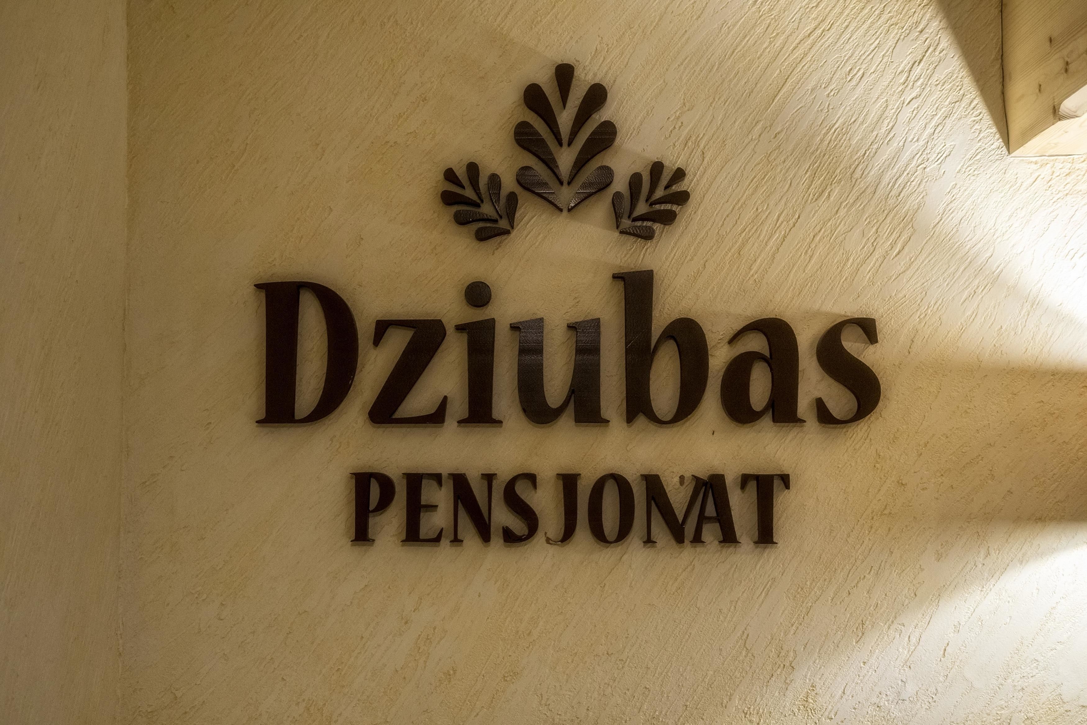 A sign with the name "Dziubas PENSJONAT" on a textured wall.