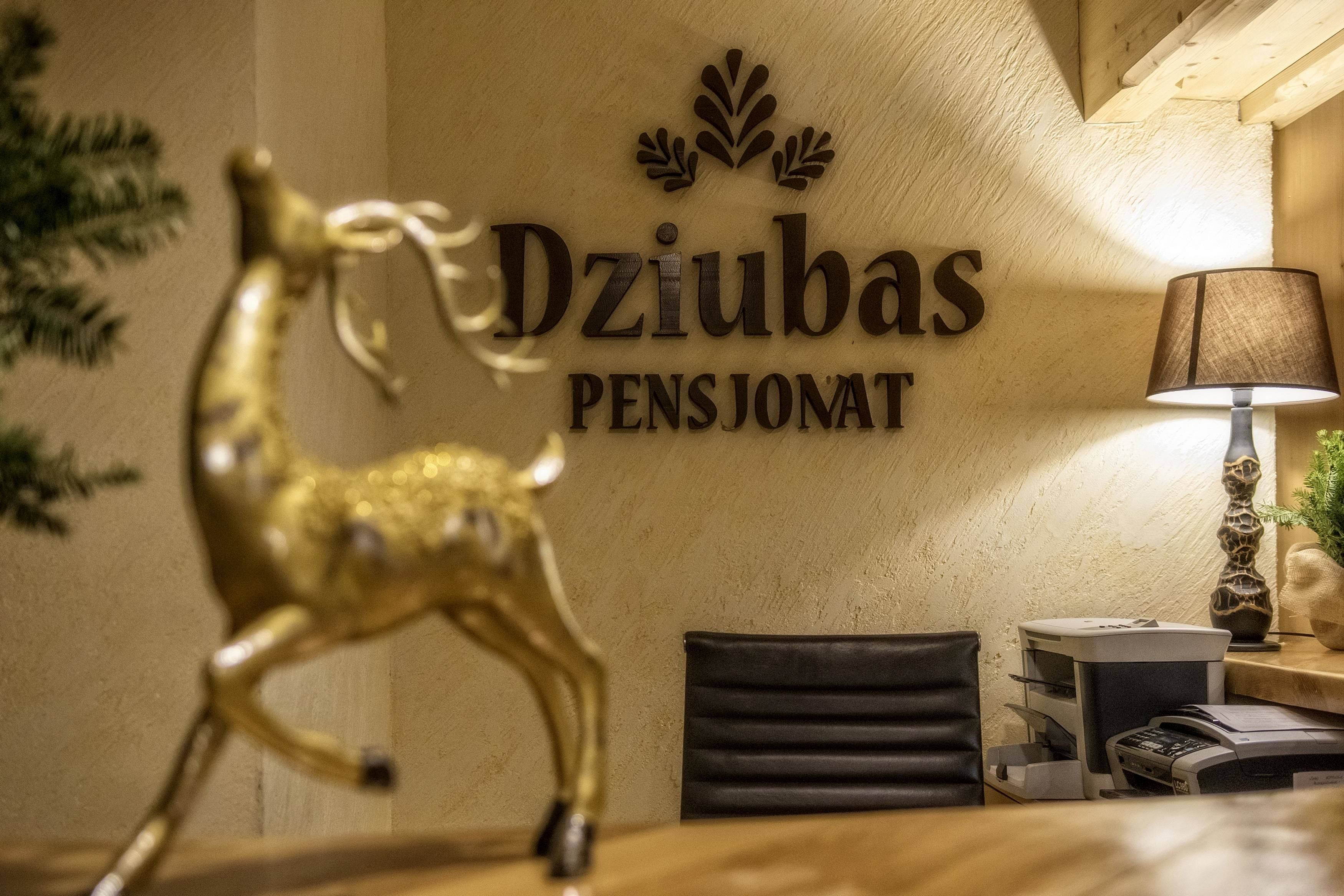 A reception desk with a sign reading "Dziubas PENSJOMAT," a decorative golden deer statue, a black leather chair, a lamp, and a printer.