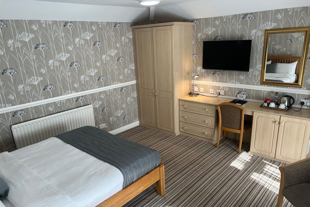 A hotel room with a bed, a desk, a chair, a wardrobe, a television, and a mirror.