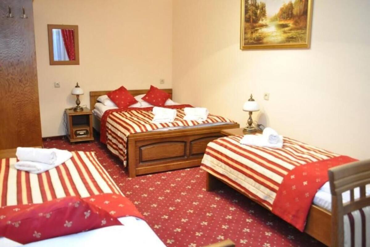 Une chambre d’hôtel avec deux lits simples, une tête de lit en bois, une petite table de chevet avec une lampe, une moquette rouge et un tableau au mur.