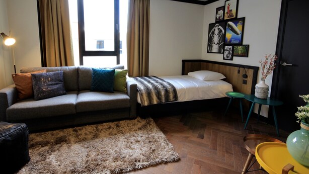 A modern hotel room with a sofa, bed, and a small table with a vase.