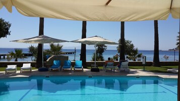 Seasonal outdoor pool, pool umbrellas, pool loungers