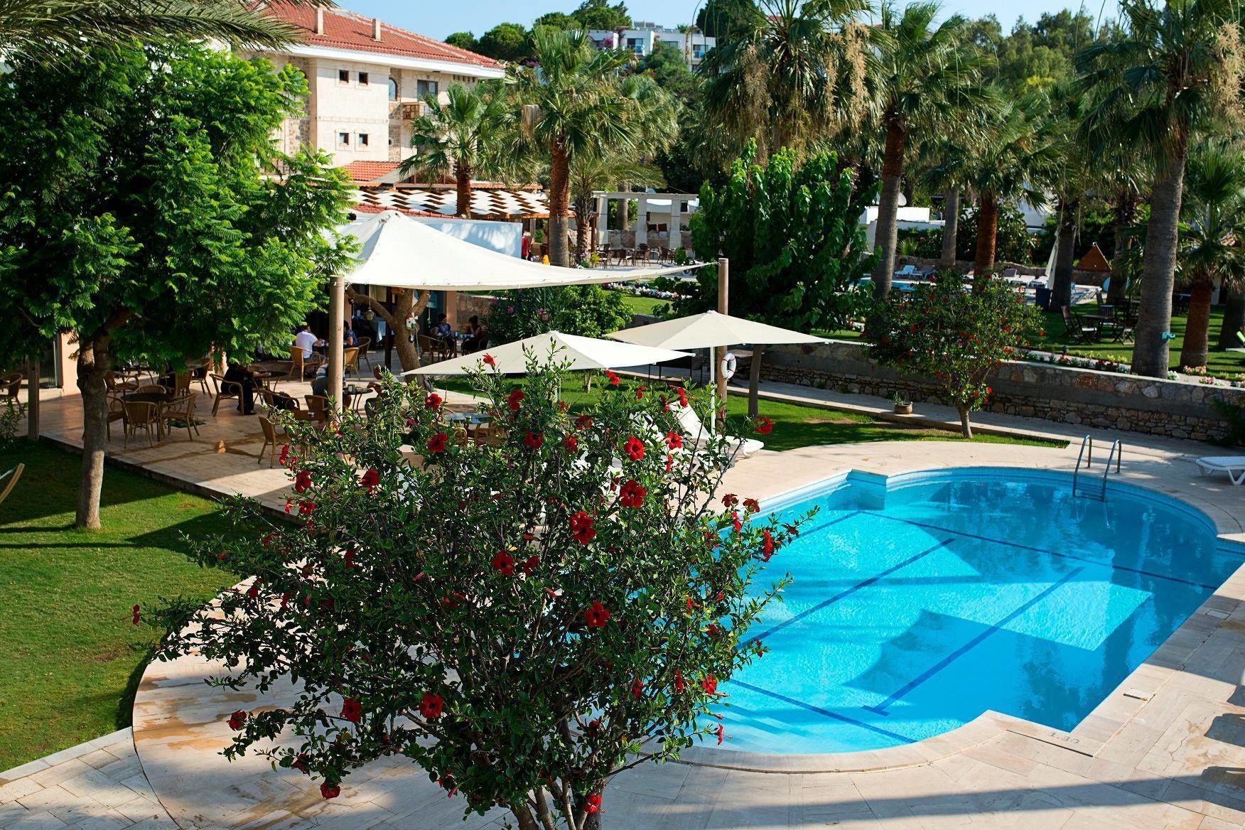 A swimming pool surrounded by palm trees and a covered outdoor seating area with umbrellas.