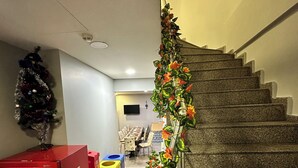 A staircase with a decorative garland, a Coca-Cola refrigerator, and a Christmas tree. - Beyaz Kosk Hotel (Istanbul)