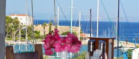 A table with a vase of flowers, a bottle, and a chair, overlooking a marina with boats and a coastal view.