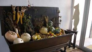 Un banco de madera lleno de productos de temporada y plantas secas, colocado frente a una pared con una ventana.