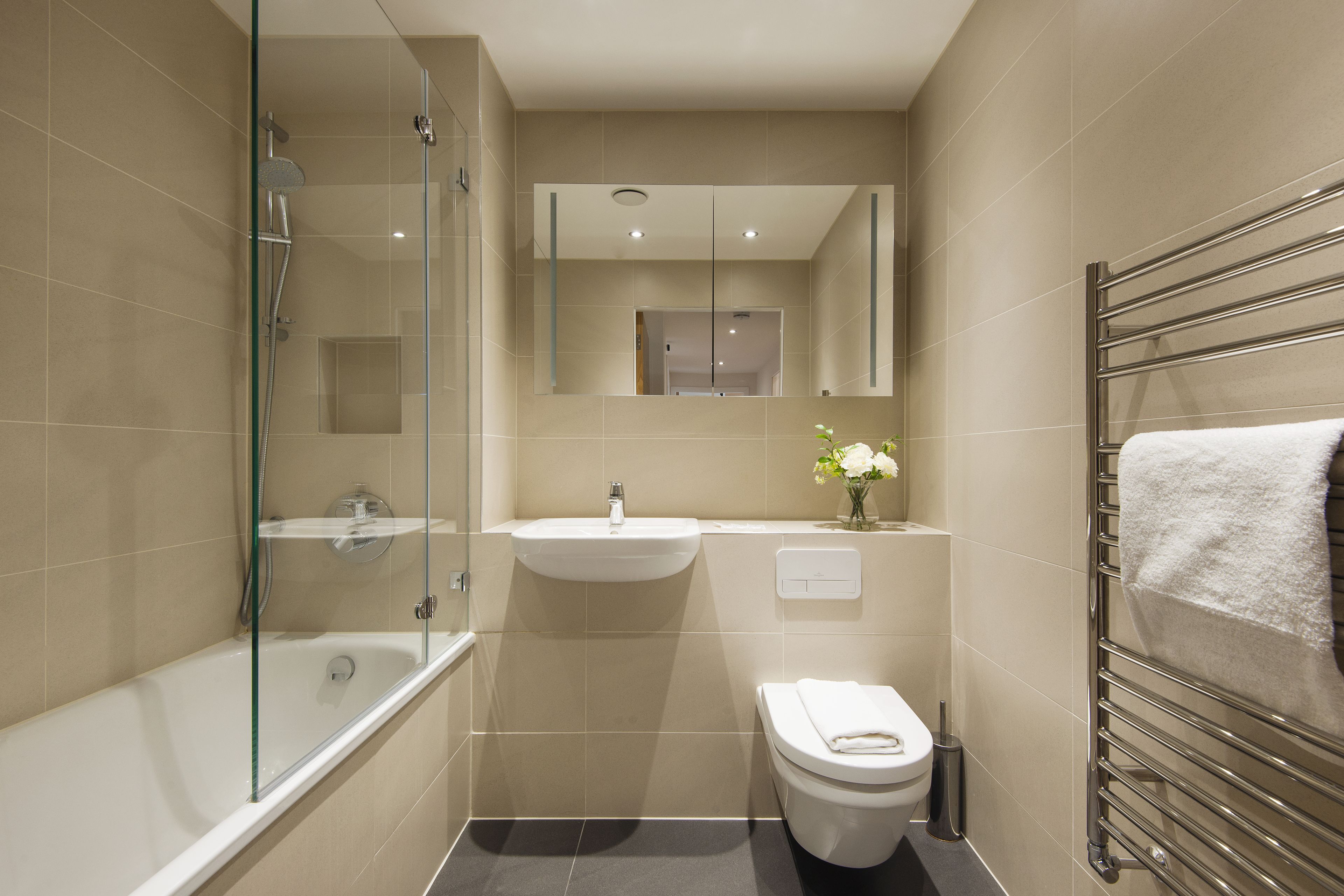 A modern bathroom with a glass-enclosed shower, a white sink, and a toilet.