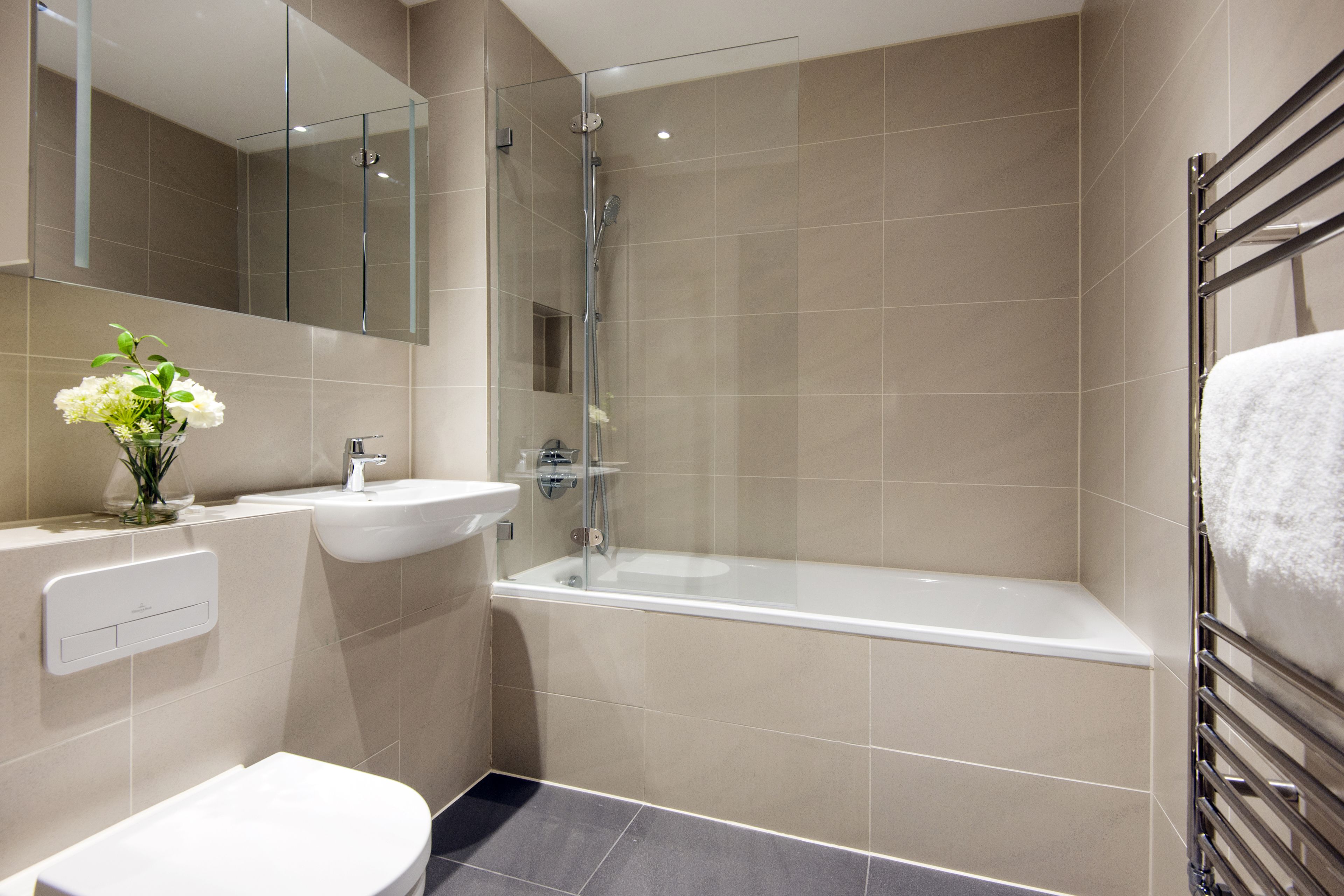 Une salle de bain moderne avec une douche à parois de verre, un lavabo blanc et des toilettes.