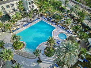 Indoor pool, outdoor pool, pool umbrellas