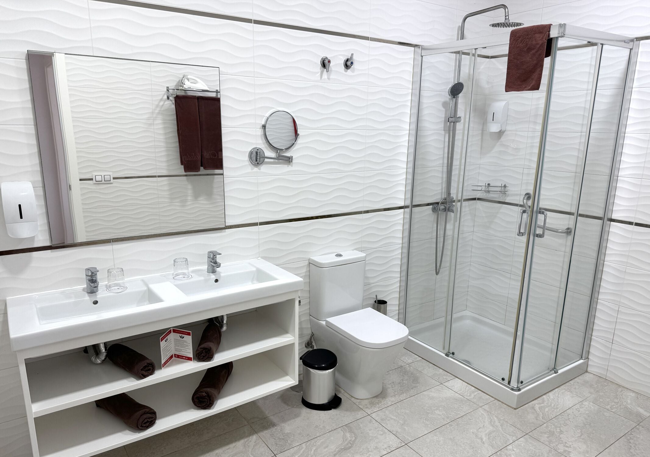 A modern bathroom with a glass-enclosed shower, a white sink with two basins, a toilet, and a mirror with a towel rack.