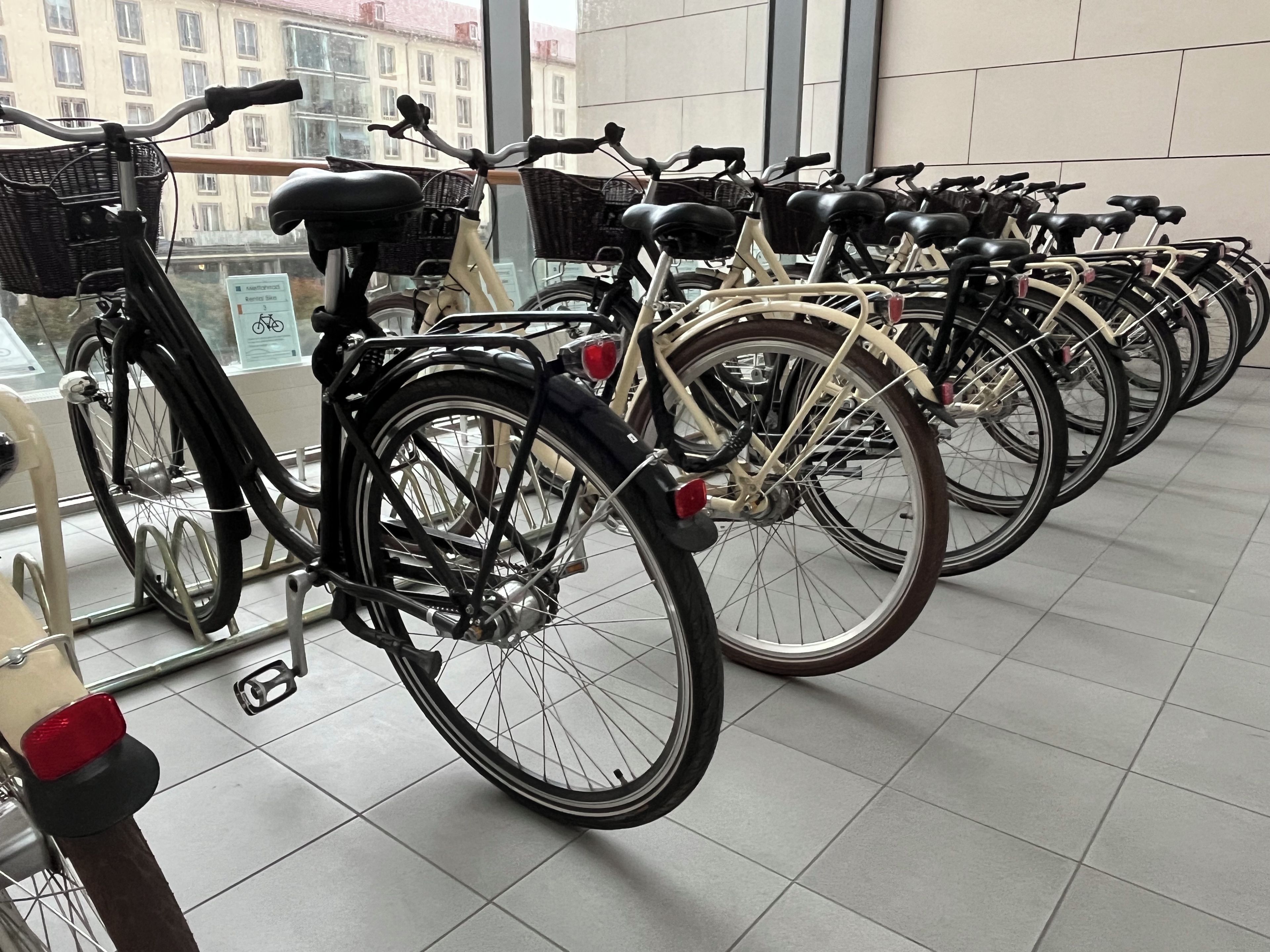 En rad cyklar står uppställda inomhus, troligen i en uthyrningslokal.