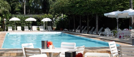 Outdoor pool, pool umbrellas, pool loungers